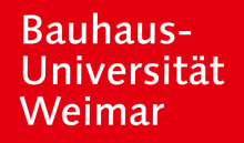 Logo der Bauhaus-Universität Weimar, weiße Schrift, dreizeilig auf rotem Hintergrund